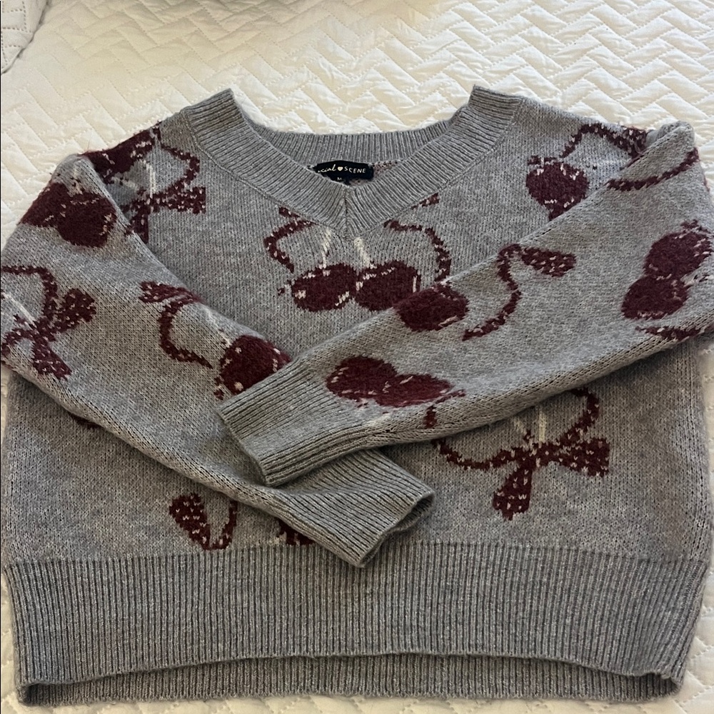 Gray and Burgundy Cherry  Patterned Sweater size M